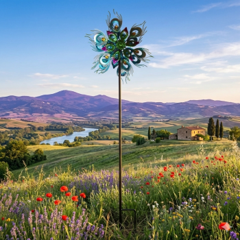 Beeindruckendes Windrad mit Pfauenfedern - Höhe ca. 122 cm